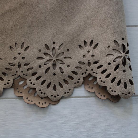 Tan Suede Mini Skirt with Laser Cut Lace Hem - Picture 4 of 7